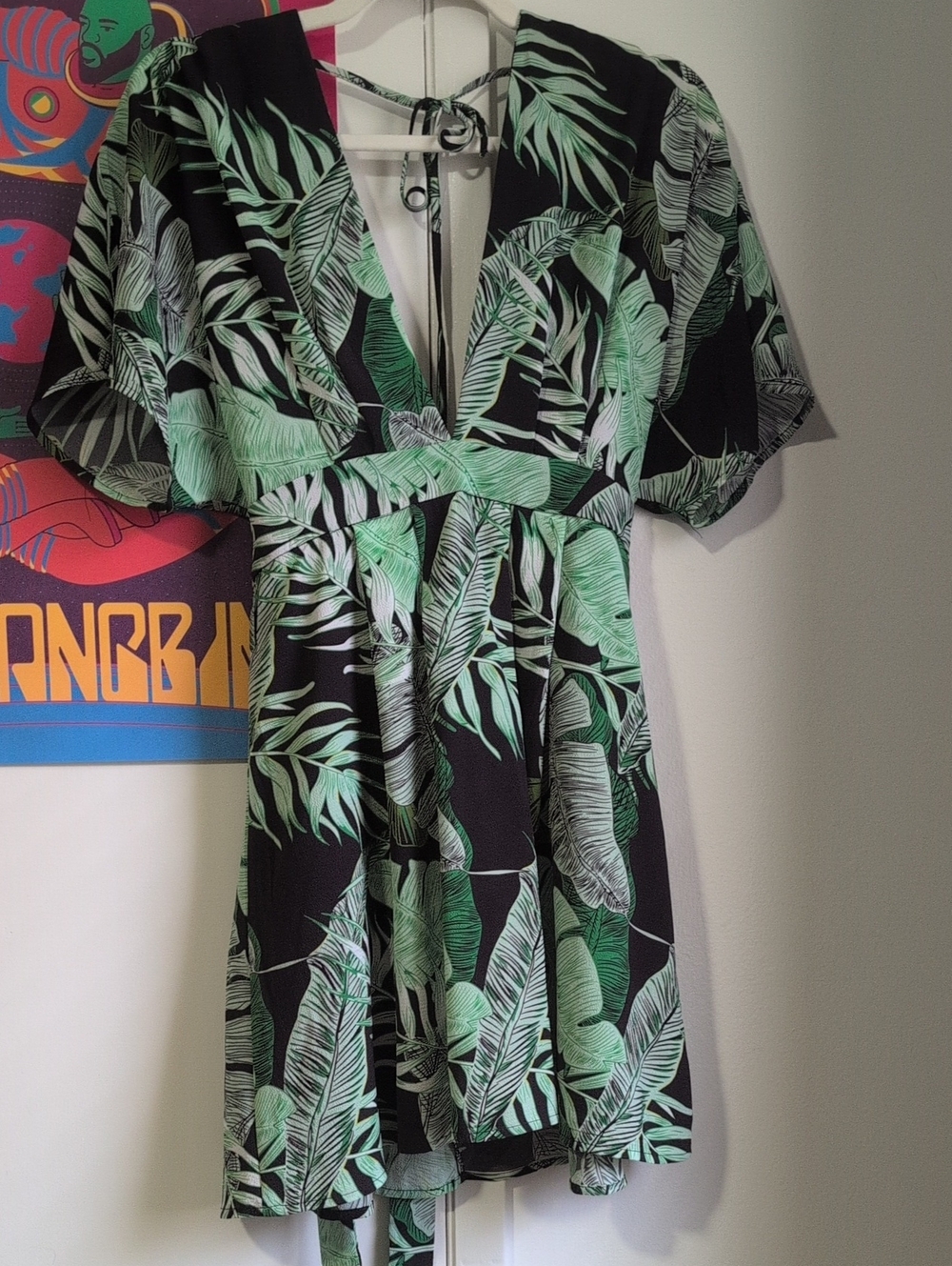 Tropical Leaf Print Dress with Open Back
